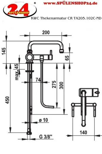 KWC Kuri Thekenarmatur CR TA205.102C Gastroarmatur / Gewerbearmatur fr die Profikche Niederdruck (205.102C)