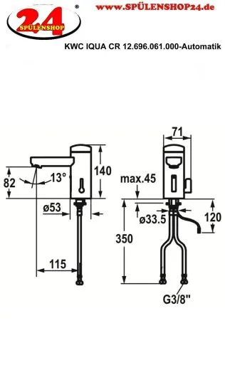 KWC IQUA 12.696.061.000 Automatik Armatur Waschtisch Chrom Infrarotsensorik opto-elektronisch gesteuert mit Batteriebetrieb (3600012551)