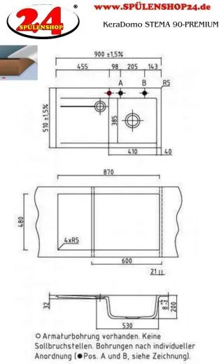 Systemceram KeraDomo STEMA 90-PREMIUM Keramiksple / Einbausple in Sonderfarben fr die Kche