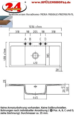 Systemceram KeraDomo MERA MIDDLE-PREMIUM-FL Keramiksple / Einbausple fr flchenbndige Montage