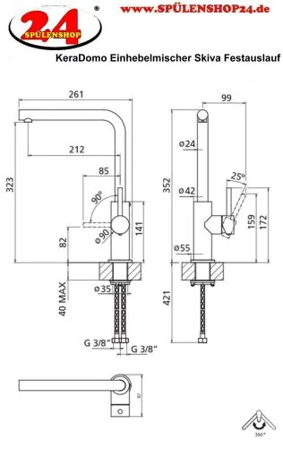 Systemceram KeraDomo K�chenarmatur Skiva Edelstahl massiv Einhebelmischer mit Festauslauf 360� schwenkbar