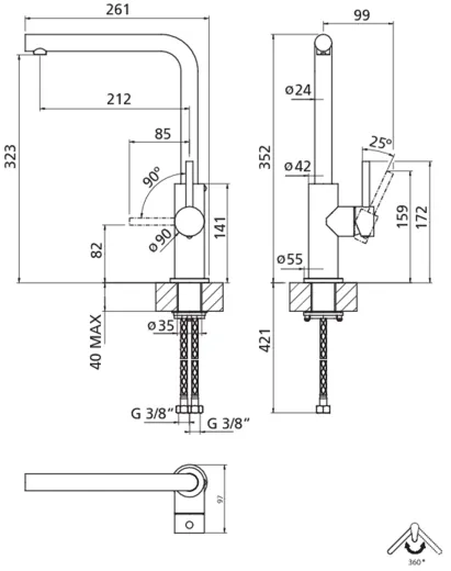 Systemceram KeraDomo K�chenarmatur Skiva Edelstahl massiv Einhebelmischer mit Festauslauf 360� schwenkbar