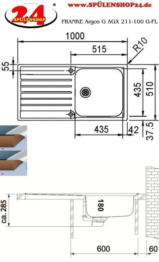 FRANKE Kchensple Argos AGX 211-100 Edelstahlsple Slimtop / Flchenbndig mit Integralablauf und Druckknopfventil