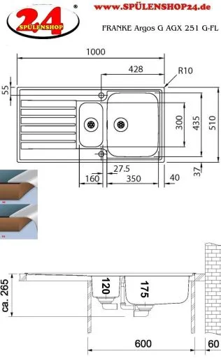 FRANKE Kchensple Argos G AGX 251 G Edelstahlsple Slimtop / Flchenbndig mit Integralablauf und Druckknopfventil