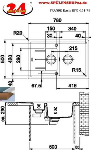 FRANKE Kchensple Basis BFG 651-78 Fragranit+ Einbausple / Granitsple mit Siebkorb als Drehknopfventil