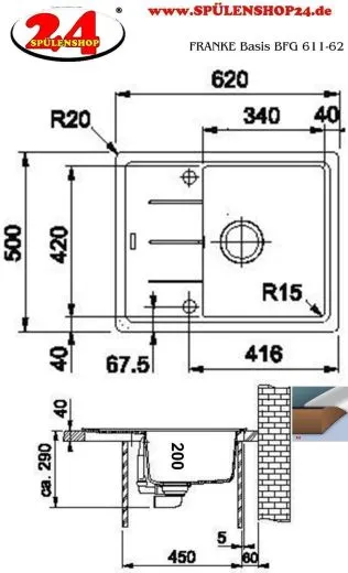 FRANKE Kchensple Basis BFG 611-62 Fragranit+ Einbausple / Granitsple mit Siebkorb als Drehknopfventil