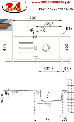 FRANKE Kchensple Strata STG 614-78 Fragranit+ Einbausple / Granitsple mit Siebkorb als Stopfen- oder Drehknopfventil