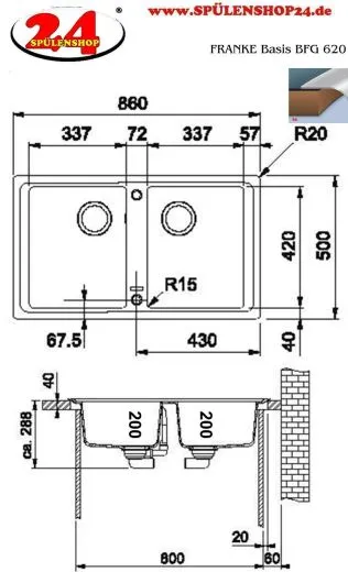 x FRANKE Kchensple Basis BFG 620-34-34 Fragranit+ Einbausple / Granitsple Doppelbecken mit Siebkorb als Drehknopfventil
