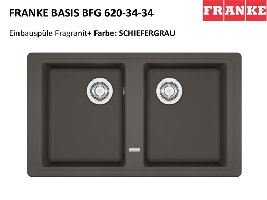 x FRANKE Kchensple Basis BFG 620-34-34 Fragranit+ Einbausple / Granitsple Doppelbecken mit Siebkorb als Drehknopfventil