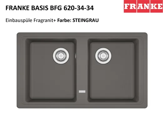 x FRANKE Kchensple Basis BFG 620-34-34 Fragranit+ Einbausple / Granitsple Doppelbecken mit Siebkorb als Drehknopfventil