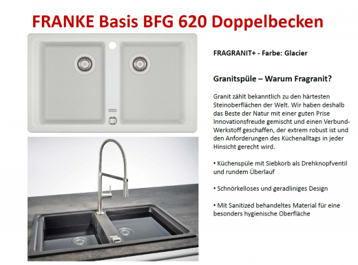 FRANKE Kchensple Basis BFG 620-34-34 Fragranit+ Einbausple / Granitsple Doppelbecken mit Siebkorb als Drehknopfventil