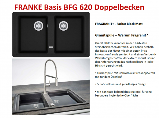 FRANKE Kchensple Basis BFG 620-34-34 Fragranit+ Einbausple / Granitsple Doppelbecken mit Siebkorb als Drehknopfventil