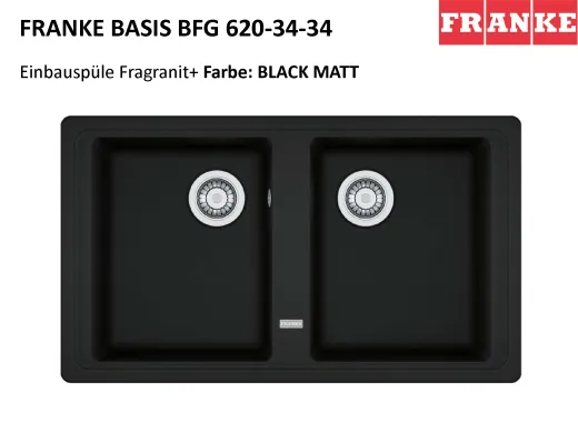 x FRANKE Kchensple Basis BFG 620-34-34 Fragranit+ Einbausple / Granitsple Doppelbecken mit Siebkorb als Drehknopfventil