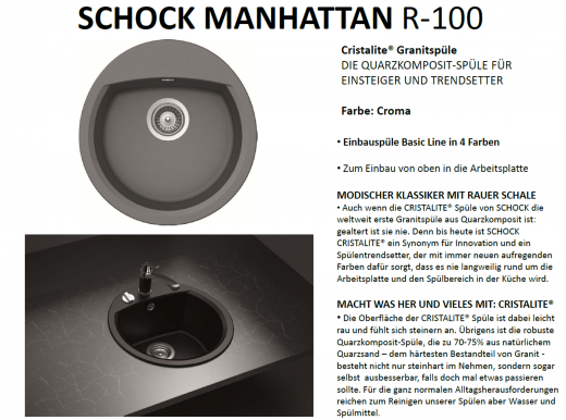 SCHOCK Kchensple Manhattan R-100 Cristalite Granitsple / Rundbecken Basic Line mit Drehexcenter