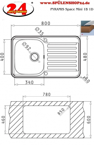 PYRAMIS Kchensple Space Mini 1B 1D Einbausple / Edelstahlsple Siebkorb als Drehknopfventil