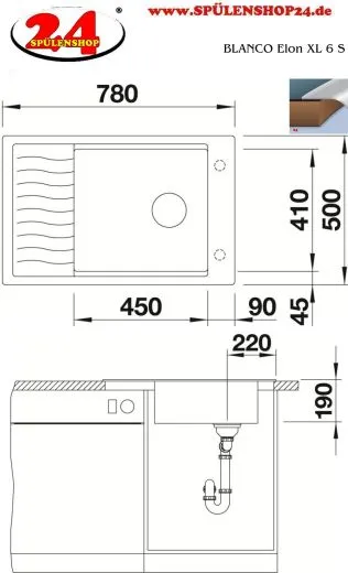 BLANCO Elon XL 6 S Silgranit PuraDurII Granitsple / Einbausple Ablaufsystem InFino mit Drehknopfventil