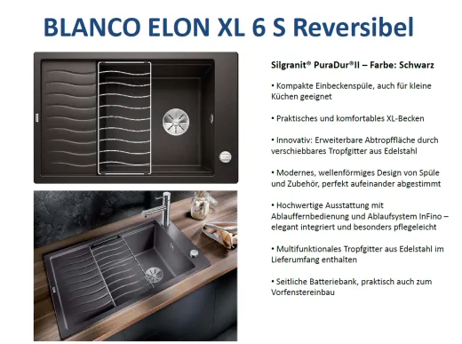 BLANCO Elon XL 6 S Silgranit PuraDurII Granitsple / Einbausple Ablaufsystem InFino mit Drehknopfventil
