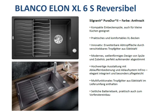 BLANCO Elon XL 6 S Silgranit PuraDurII Granitsple / Einbausple Ablaufsystem InFino mit Drehknopfventil