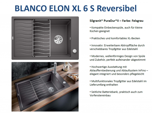 BLANCO Elon XL 6 S Silgranit PuraDurII Granitsple / Einbausple Ablaufsystem InFino mit Drehknopfventil