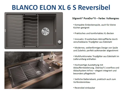 BLANCO Elon XL 6 S Silgranit PuraDurII Granitsple / Einbausple Ablaufsystem InFino mit Drehknopfventil