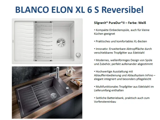 BLANCO Elon XL 6 S Silgranit PuraDurII Granitsple / Einbausple Ablaufsystem InFino mit Drehknopfventil