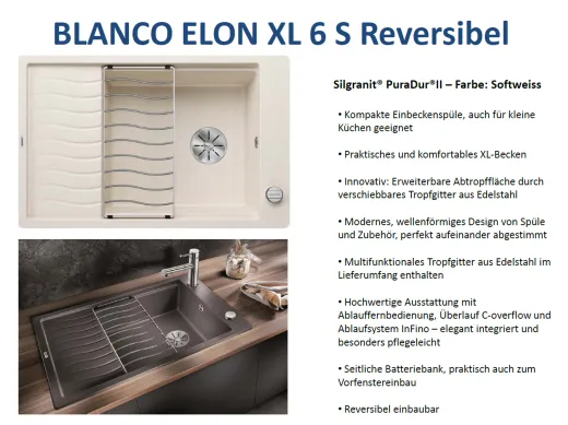 BLANCO Elon XL 6 S Silgranit PuraDurII Granitsple / Einbausple Ablaufsystem InFino mit Drehknopfventil