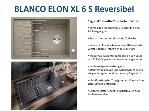 BLANCO Elon XL 6 S Silgranit PuraDurII Granitsple / Einbausple Ablaufsystem InFino mit Drehknopfventil