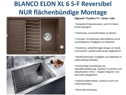 BLANCO Elon XL 6 S-F Silgranit PuraDurII Granitsple Flchenbndig Ablaufsystem InFino mit Drehknopfventil