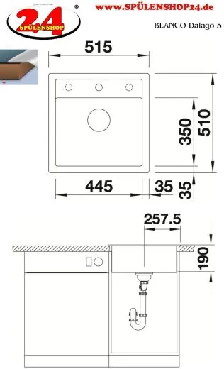 BLANCO Kchensple Dalago 5 Silgranit PuraDurII Granitsple / Einbausple mit Drehknopfventil
