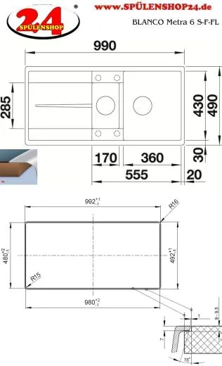 BLANCO Kchensple Metra 6 S-F Silgranit PuraDurII Granitsple Flchenbndig mit Drehknopfventil