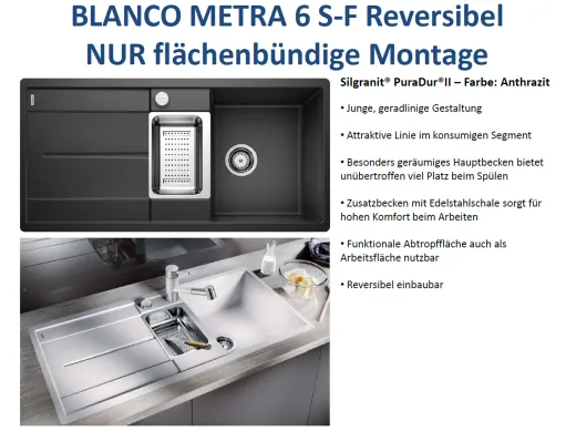 BLANCO Kchensple Metra 6 S-F Silgranit PuraDurII Granitsple Flchenbndig mit Drehknopfventil