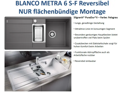 BLANCO Kchensple Metra 6 S-F Silgranit PuraDurII Granitsple Flchenbndig mit Drehknopfventil