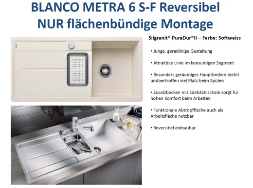 BLANCO Kchensple Metra 6 S-F Silgranit PuraDurII Granitsple Flchenbndig mit Drehknopfventil