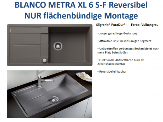 BLANCO Kchensple Metra XL 6 S-F Silgranit PuraDurII Granitsple Flchenbndig mit Drehknopfventil