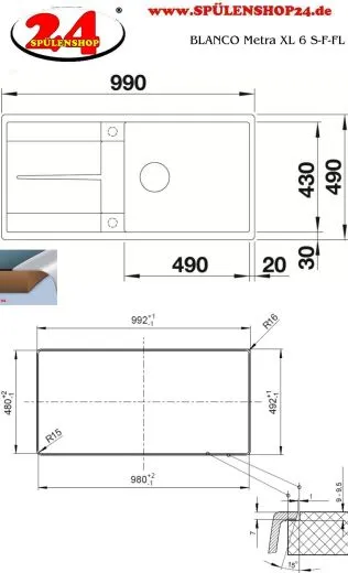 BLANCO Kchensple Metra XL 6 S-F Silgranit PuraDurII Granitsple Flchenbndig mit Drehknopfventil