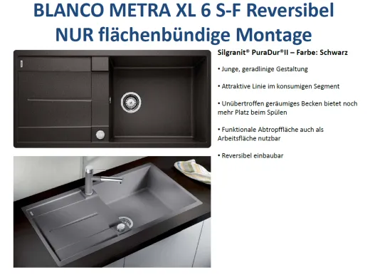 BLANCO Kchensple Metra XL 6 S-F Silgranit PuraDurII Granitsple Flchenbndig mit Drehknopfventil