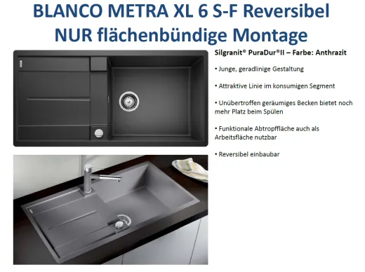 BLANCO Kchensple Metra XL 6 S-F Silgranit PuraDurII Granitsple Flchenbndig mit Drehknopfventil