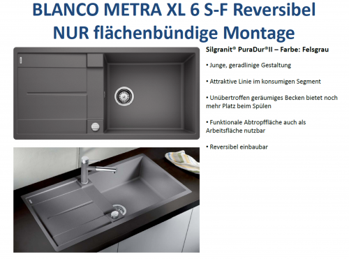 BLANCO Kchensple Metra XL 6 S-F Silgranit PuraDurII Granitsple Flchenbndig mit Drehknopfventil