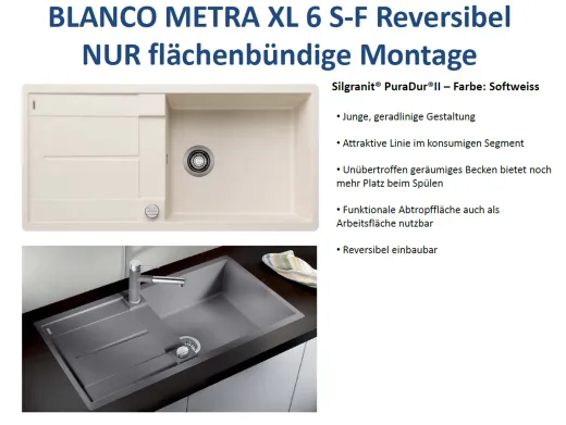 BLANCO Kchensple Metra XL 6 S-F Silgranit PuraDurII Granitsple Flchenbndig mit Drehknopfventil