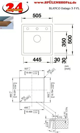 BLANCO Kchensple Dalago 5 F Silgranit PuraDurII Granitsple Flchenbndig mit Hahnlochbank und Drehknopfventil