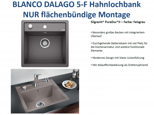 BLANCO Kchensple Dalago 5 F Silgranit PuraDurII Granitsple Flchenbndig mit Hahnlochbank und Drehknopfventil