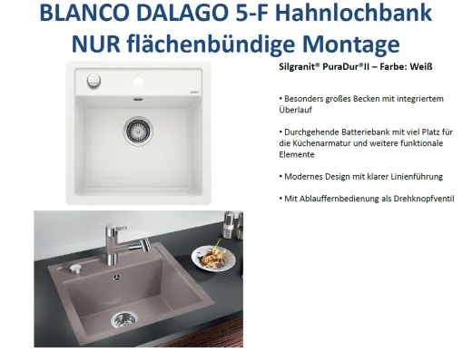 BLANCO Kchensple Dalago 5 F Silgranit PuraDurII Granitsple Flchenbndig mit Hahnlochbank und Drehknopfventil