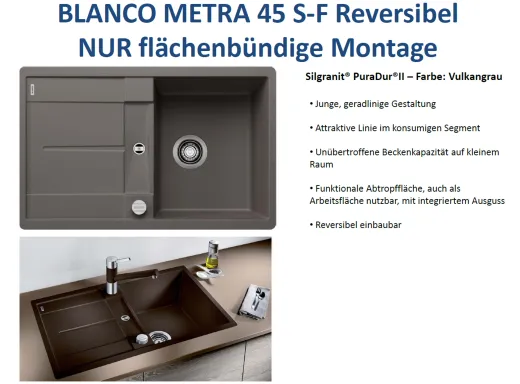 10062; BLANCO Kchensple Metra 45 S-F Silgranit PuraDurII Granitsple Flchenbndig mit Drehknopfventil