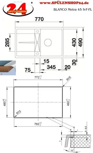 10062; BLANCO Kchensple Metra 45 S-F Silgranit PuraDurII Granitsple Flchenbndig mit Drehknopfventil