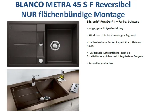 10062; BLANCO Kchensple Metra 45 S-F Silgranit PuraDurII Granitsple Flchenbndig mit Drehknopfventil