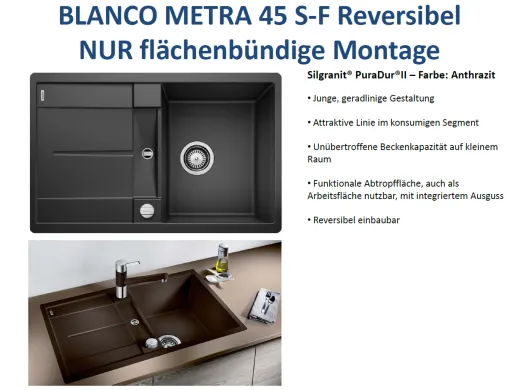 10062; BLANCO Kchensple Metra 45 S-F Silgranit PuraDurII Granitsple Flchenbndig mit Drehknopfventil