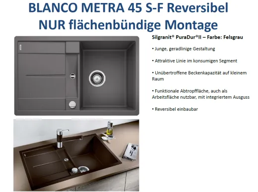 10062; BLANCO Kchensple Metra 45 S-F Silgranit PuraDurII Granitsple Flchenbndig mit Drehknopfventil