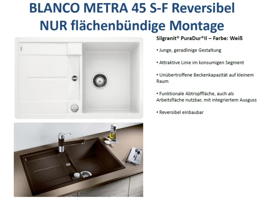 10062; BLANCO Kchensple Metra 45 S-F Silgranit PuraDurII Granitsple Flchenbndig mit Drehknopfventil