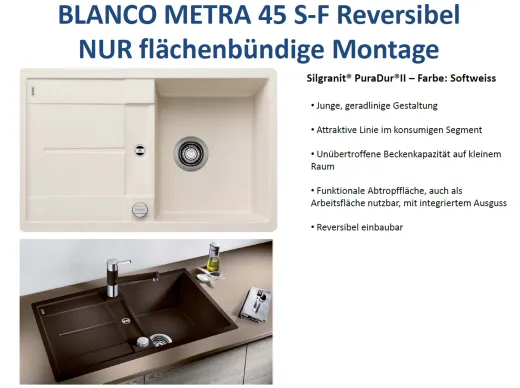 10062; BLANCO Kchensple Metra 45 S-F Silgranit PuraDurII Granitsple Flchenbndig mit Drehknopfventil