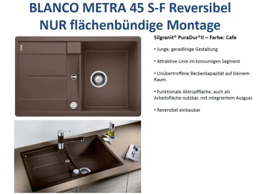 10062; BLANCO Kchensple Metra 45 S-F Silgranit PuraDurII Granitsple Flchenbndig mit Drehknopfventil